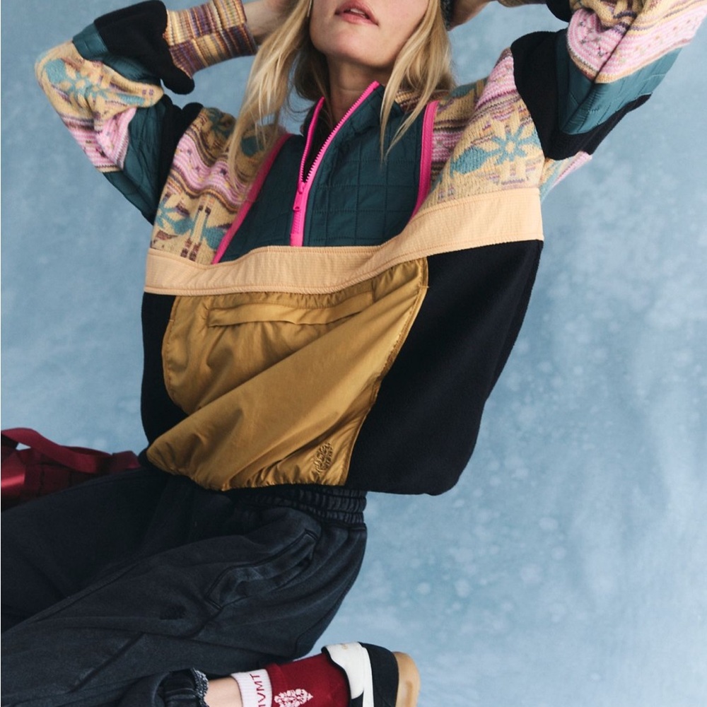 Free People To The Peak Quarter Zip in Fairisle / Hot Pink Combo - Picture 3 of 11